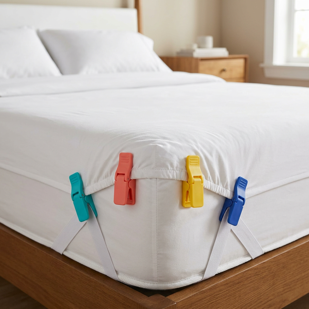 White sheets secured with colorful clamps