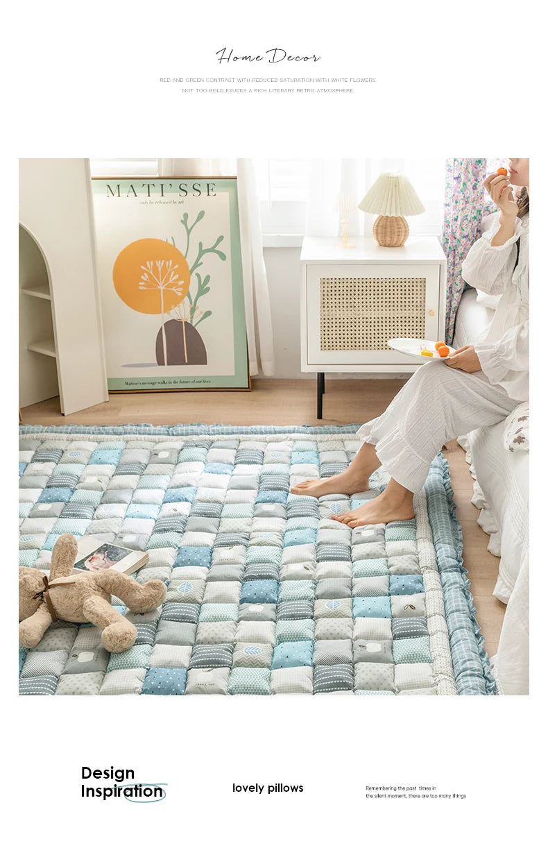 Large Thick Cotton Quilted Rug – Anti-Slip Floral Tatami Floor Mat for Bedroom & Living Room