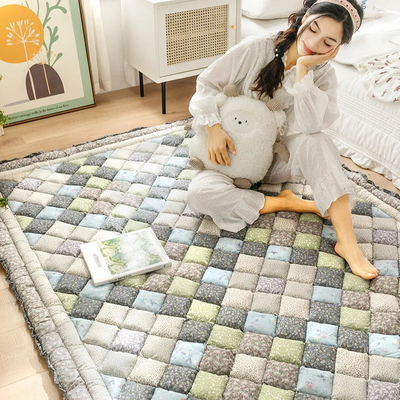 Large Thick Cotton Quilted Rug – Anti-Slip Floral Tatami Floor Mat for Bedroom & Living Room