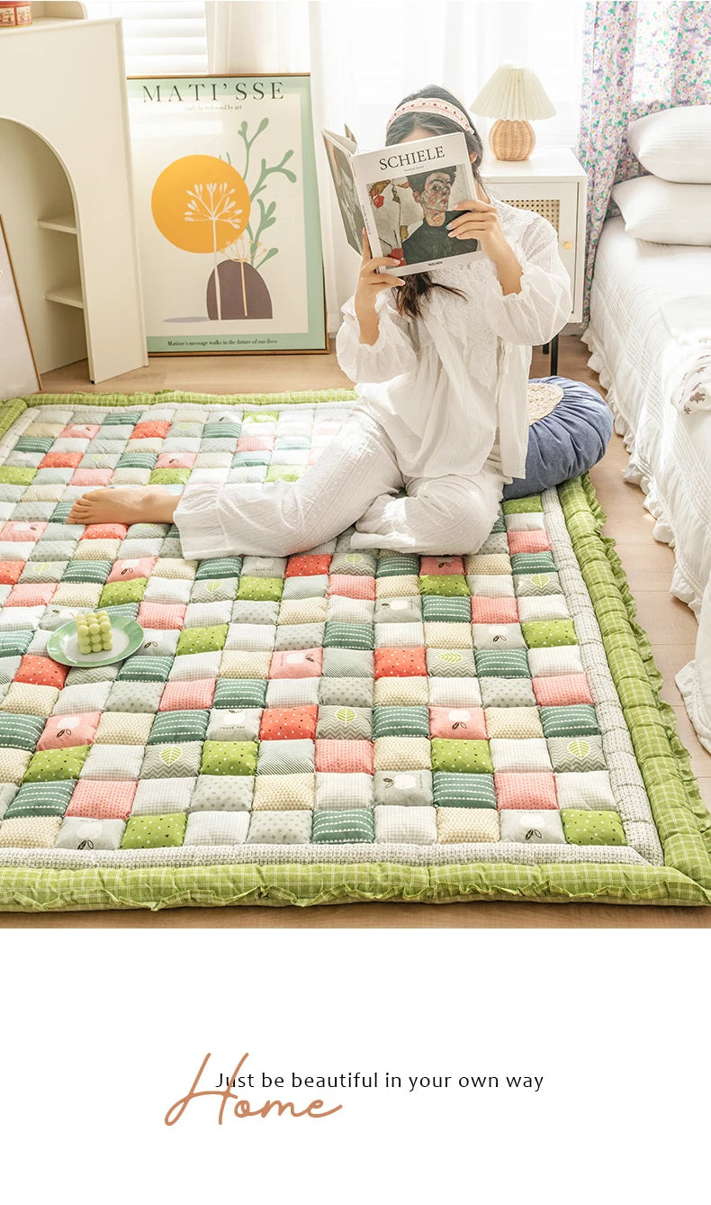 Large Thick Cotton Quilted Rug – Anti-Slip Floral Tatami Floor Mat for Bedroom & Living Room