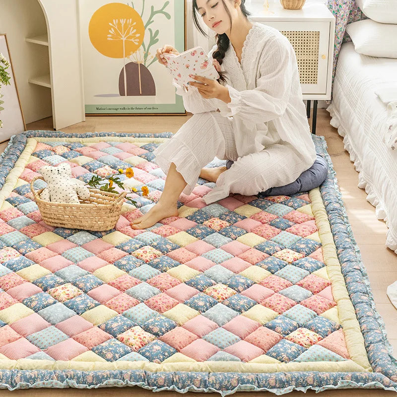 Large Thick Cotton Quilted Rug – Anti-Slip Floral Tatami Floor Mat for Bedroom & Living Room