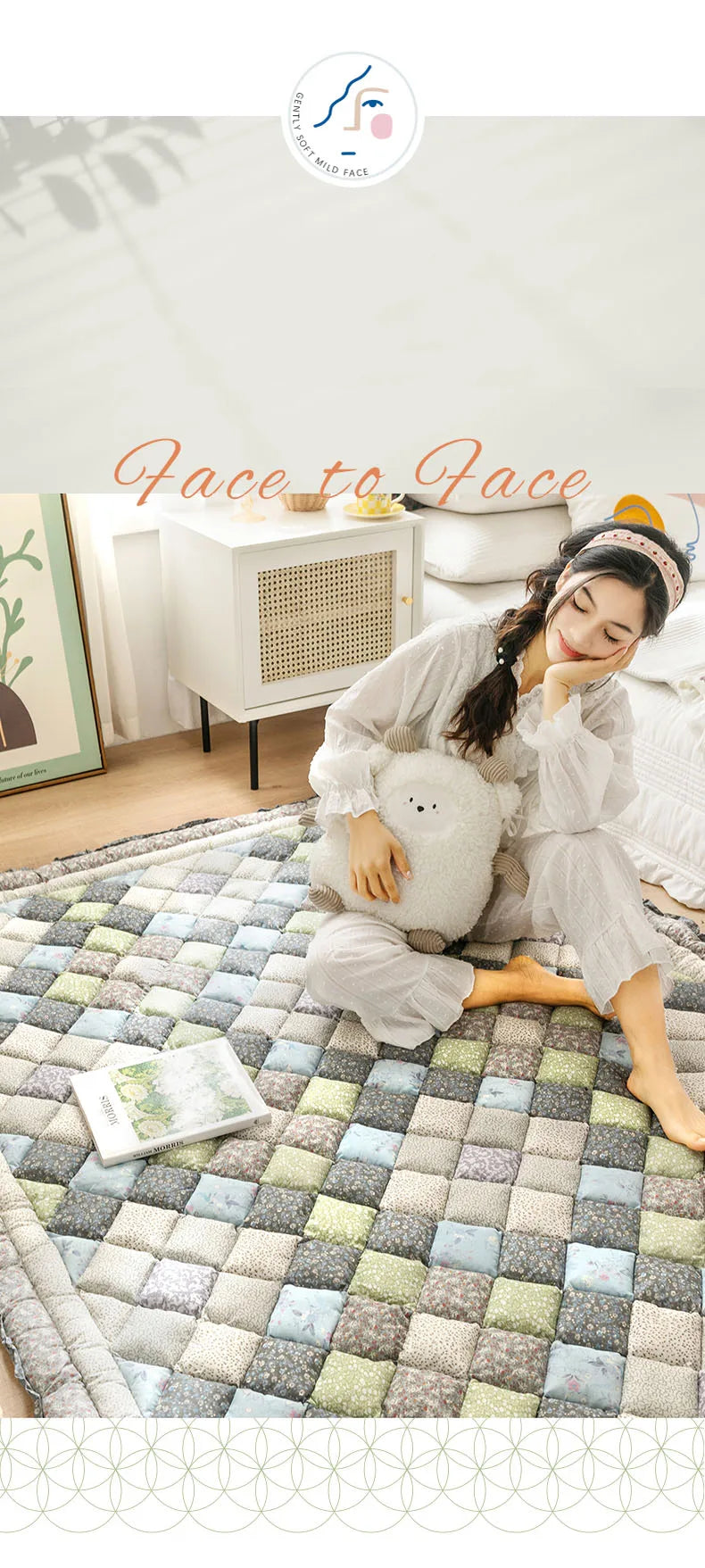 Large Thick Cotton Quilted Rug – Anti-Slip Floral Tatami Floor Mat for Bedroom & Living Room