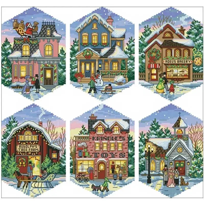 Christmas Village Cross Stitch Kit | Counted 11CT/14CT/18CT | 6 Holiday Building Designs