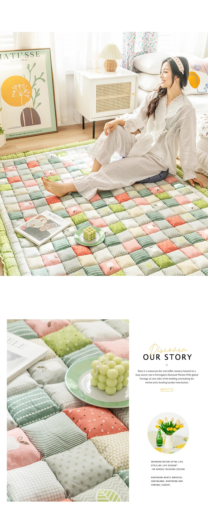 Large Thick Cotton Quilted Rug – Anti-Slip Floral Tatami Floor Mat for Bedroom & Living Room