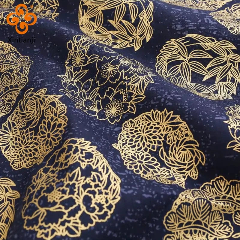 Japanese Navy Bronzed Print Cotton Kimono Fabric – 57" Wide, 200gsm | Quilting, Clothing & DIY Crafts (3 Sizes)