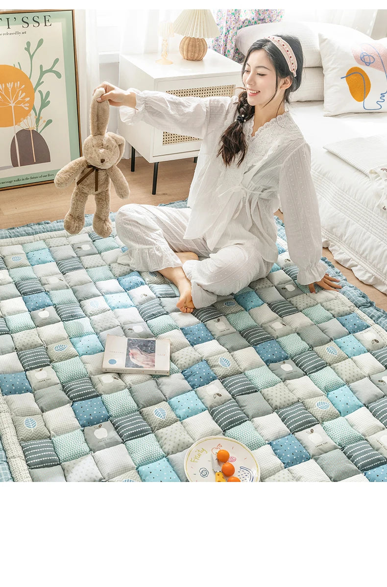 Large Thick Cotton Quilted Rug – Anti-Slip Floral Tatami Floor Mat for Bedroom & Living Room