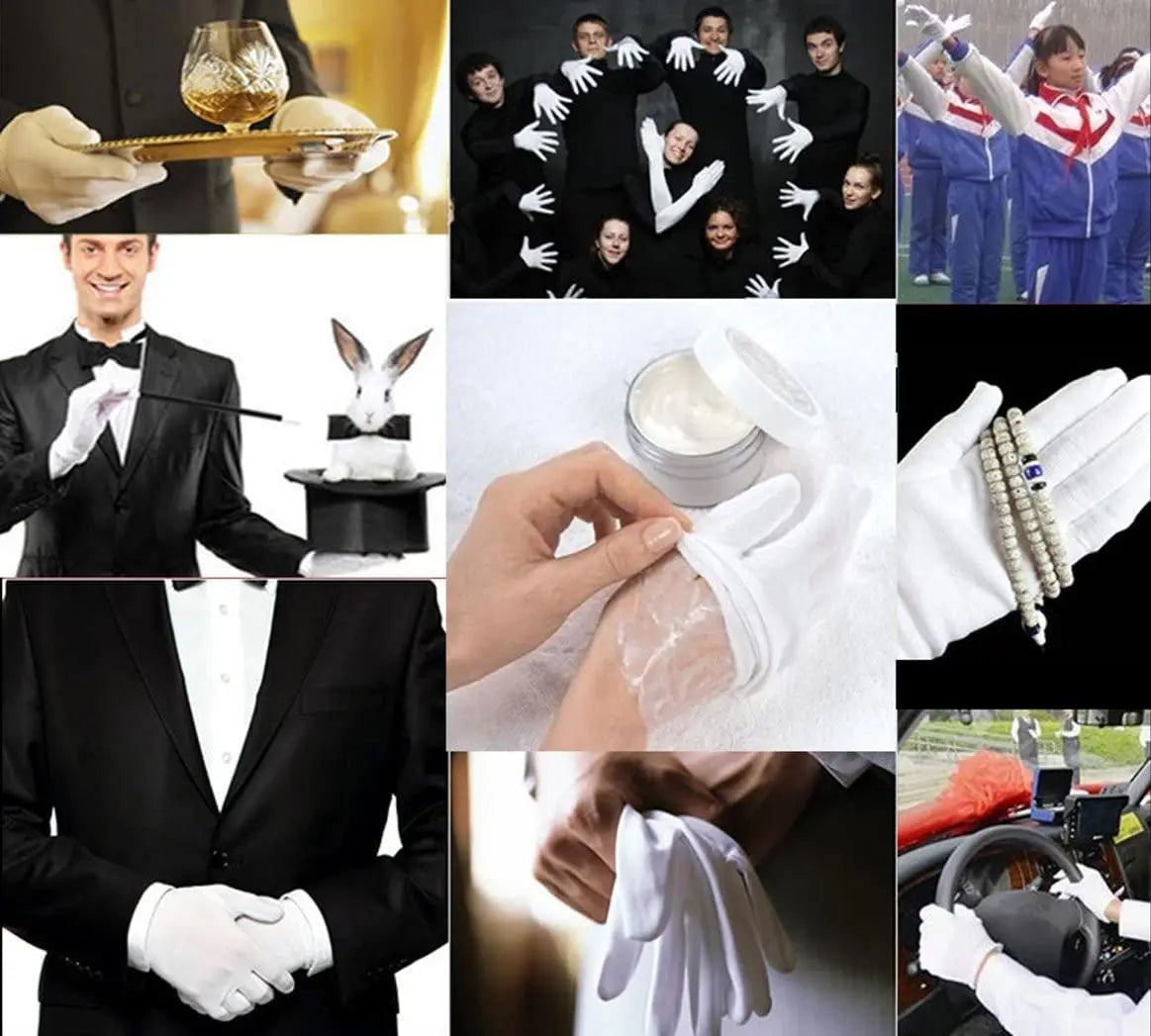 White Cotton Gloves – 12 Pairs, Washable & Stretchable, S/M/L/XL