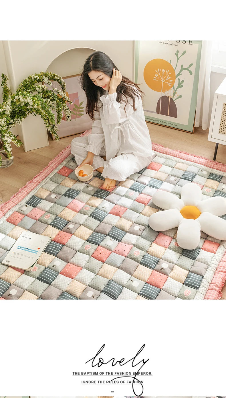 Large Thick Cotton Quilted Rug – Anti-Slip Floral Tatami Floor Mat for Bedroom & Living Room