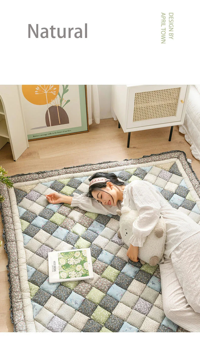Large Thick Cotton Quilted Rug – Anti-Slip Floral Tatami Floor Mat for Bedroom & Living Room