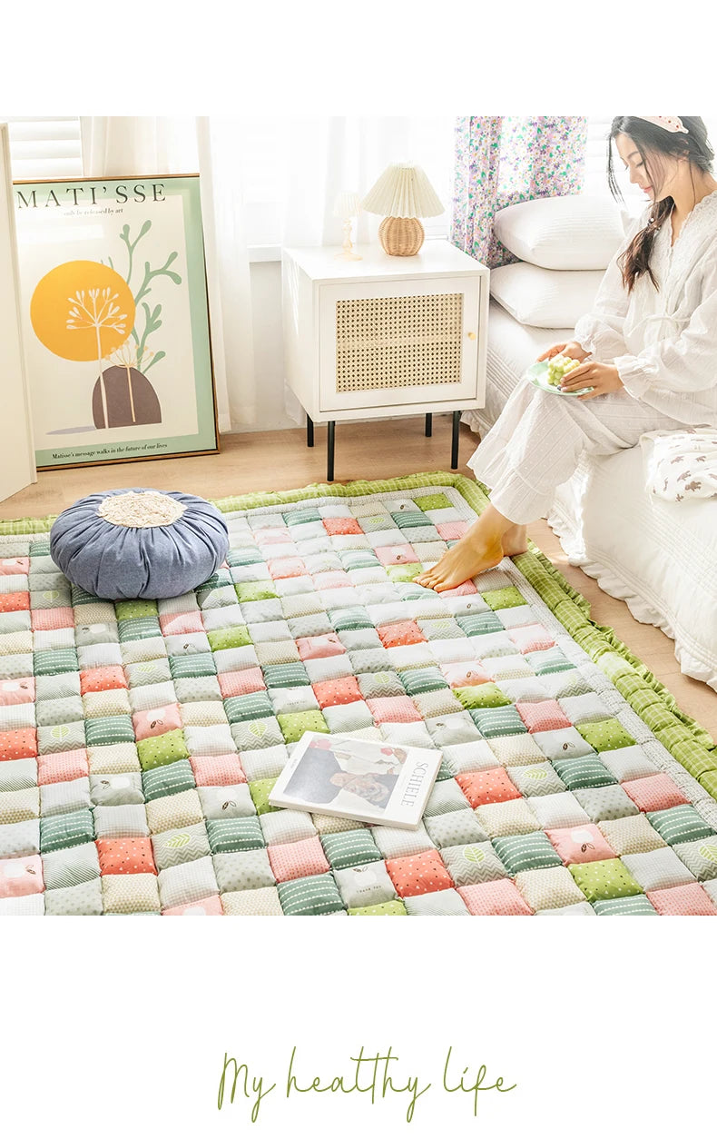 Large Thick Cotton Quilted Rug – Anti-Slip Floral Tatami Floor Mat for Bedroom & Living Room