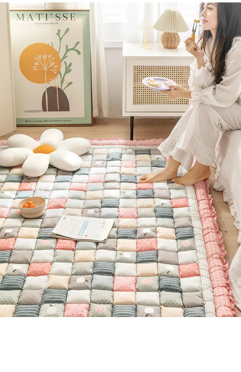 Large Thick Cotton Quilted Rug – Anti-Slip Floral Tatami Floor Mat for Bedroom & Living Room