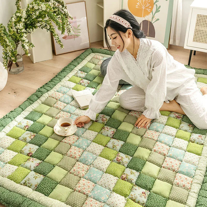 Large Thick Cotton Quilted Rug – Anti-Slip Floral Tatami Floor Mat for Bedroom & Living Room