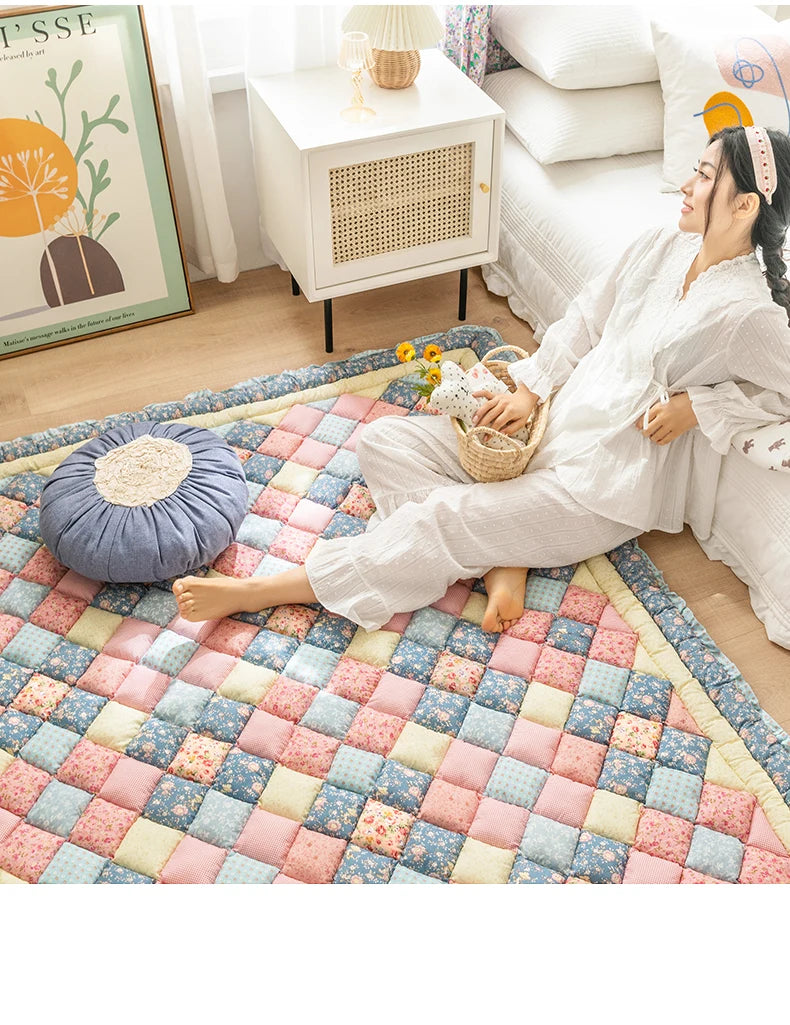 Large Thick Cotton Quilted Rug – Anti-Slip Floral Tatami Floor Mat for Bedroom & Living Room