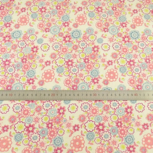 Teramil New Cotton Cloth Fabric Blue and Pink Flower Design for Sewing Home Textile Handicraft Patchwork Scrapbooking Needlework