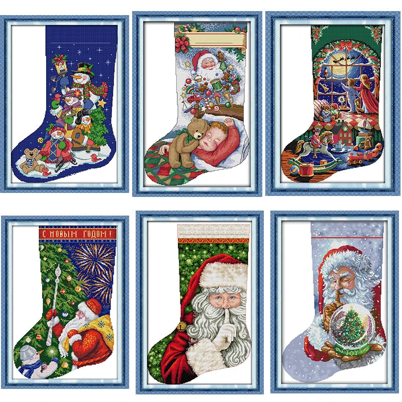 Christmas Stocking Cross Stitch Kit – Stamped 14CT & 11CT Embroidery Set | 13 Designs