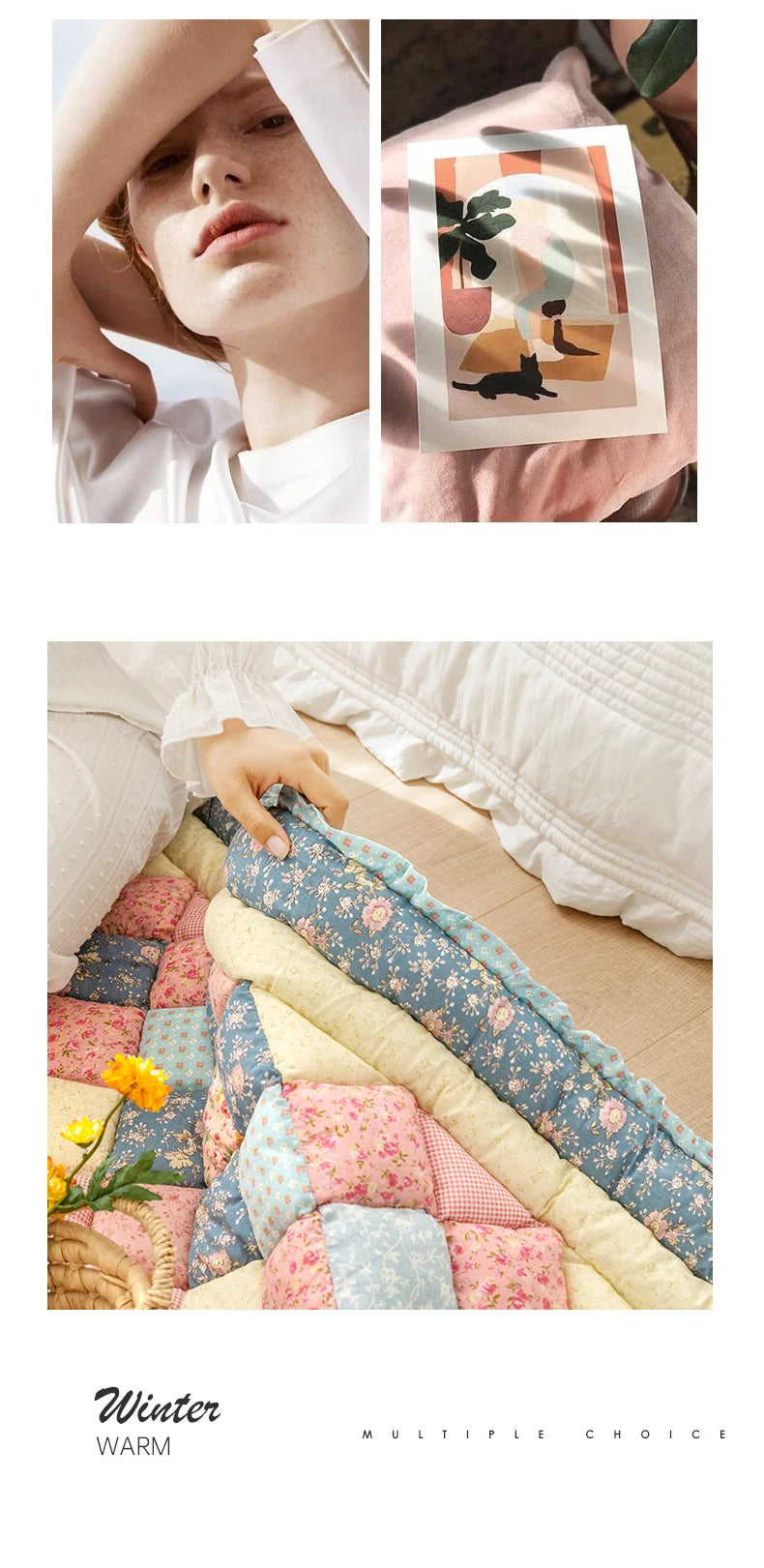 Large Thick Cotton Quilted Rug – Anti-Slip Floral Tatami Floor Mat for Bedroom & Living Room