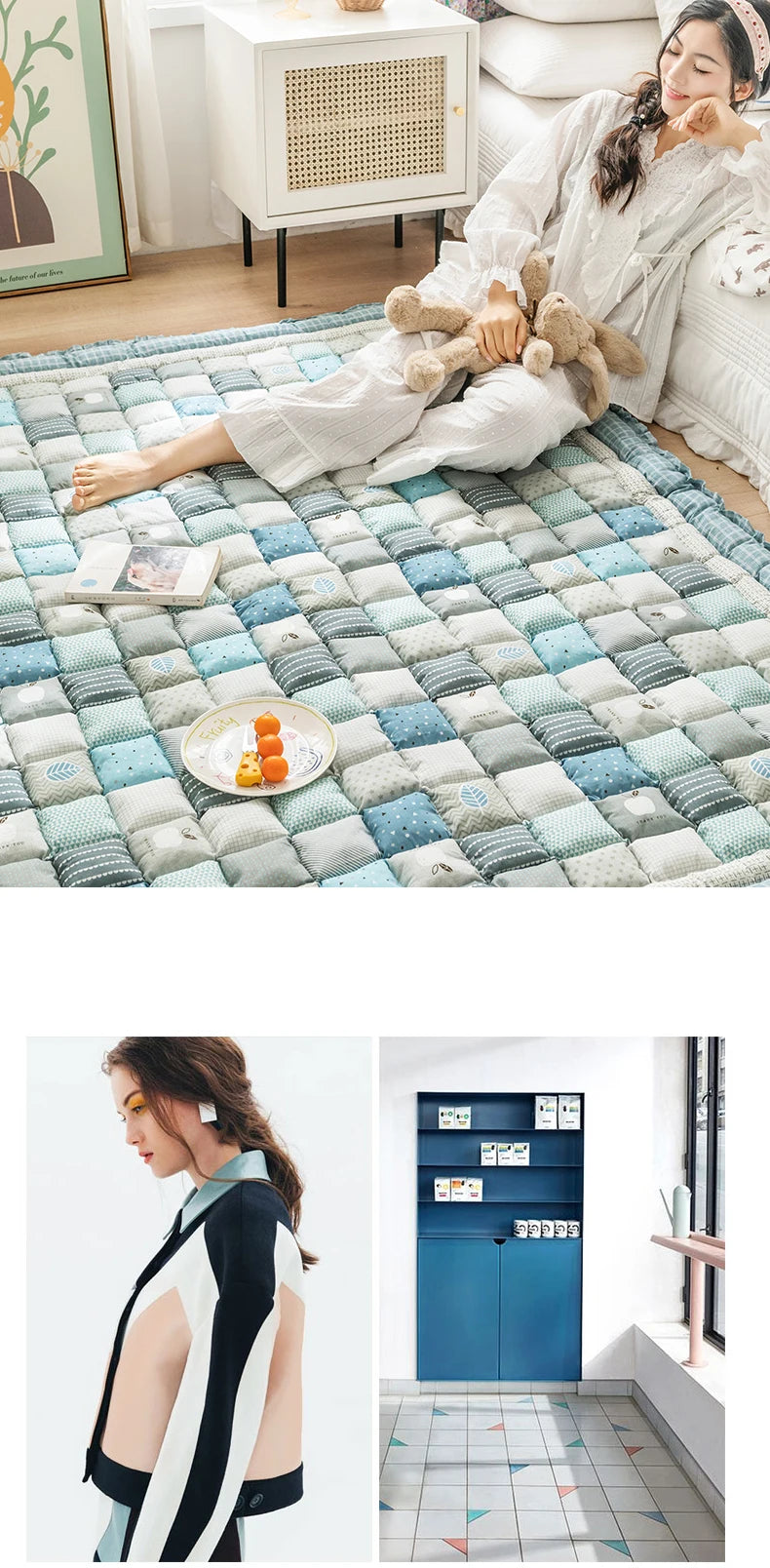 Large Thick Cotton Quilted Rug – Anti-Slip Floral Tatami Floor Mat for Bedroom & Living Room