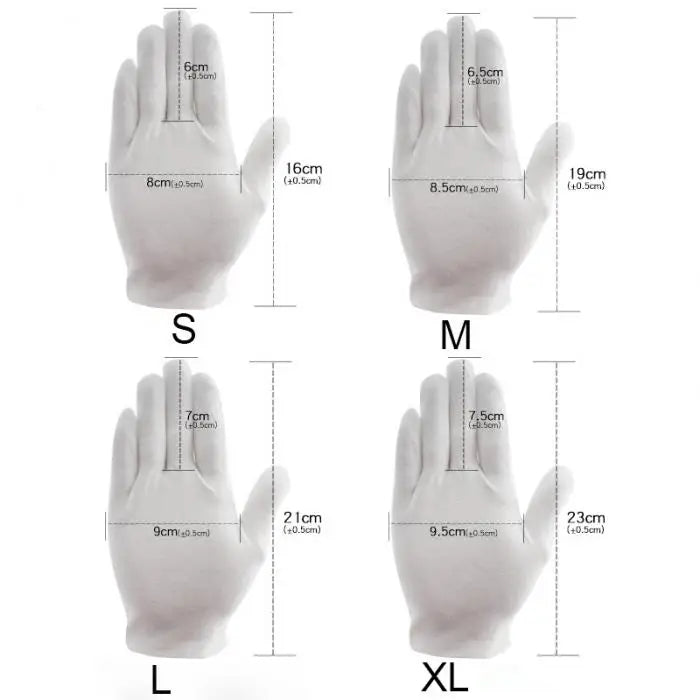 White Cotton Gloves – 12 Pairs, Washable & Stretchable, S/M/L/XL