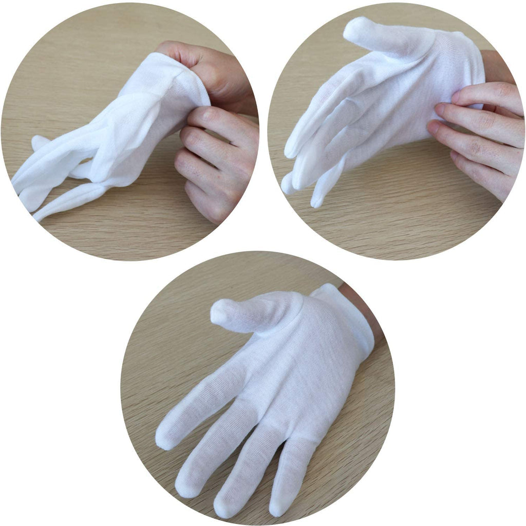 White Cotton Gloves – 12 Pairs, Washable & Stretchable, S/M/L/XL