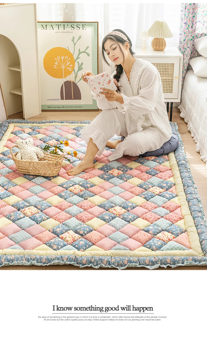 Large Thick Cotton Quilted Rug – Anti-Slip Floral Tatami Floor Mat for Bedroom & Living Room