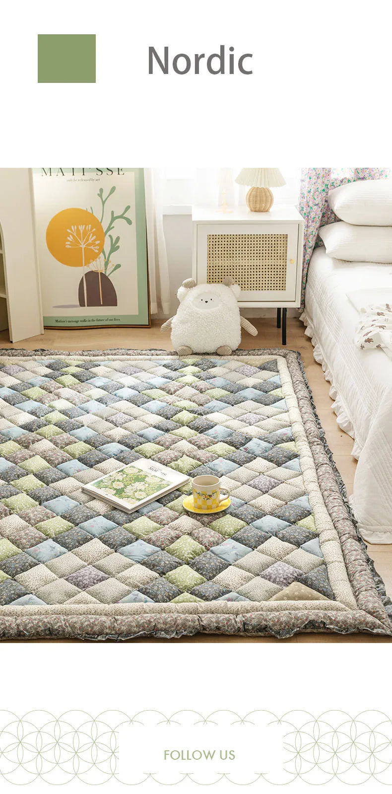 Large Thick Cotton Quilted Rug – Anti-Slip Floral Tatami Floor Mat for Bedroom & Living Room