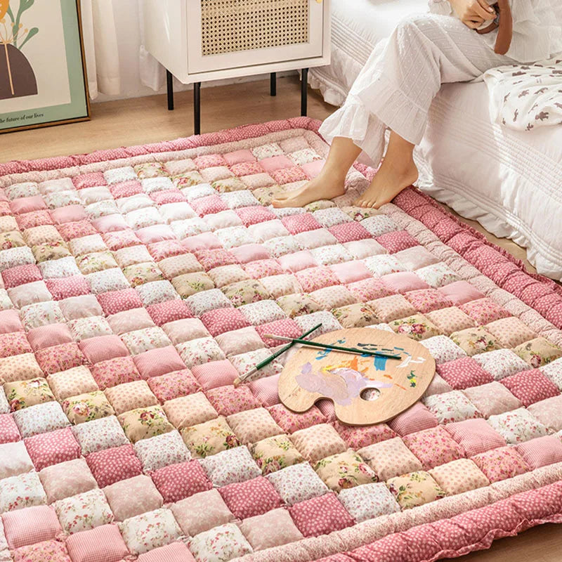 Large Thick Cotton Quilted Rug – Anti-Slip Floral Tatami Floor Mat for Bedroom & Living Room