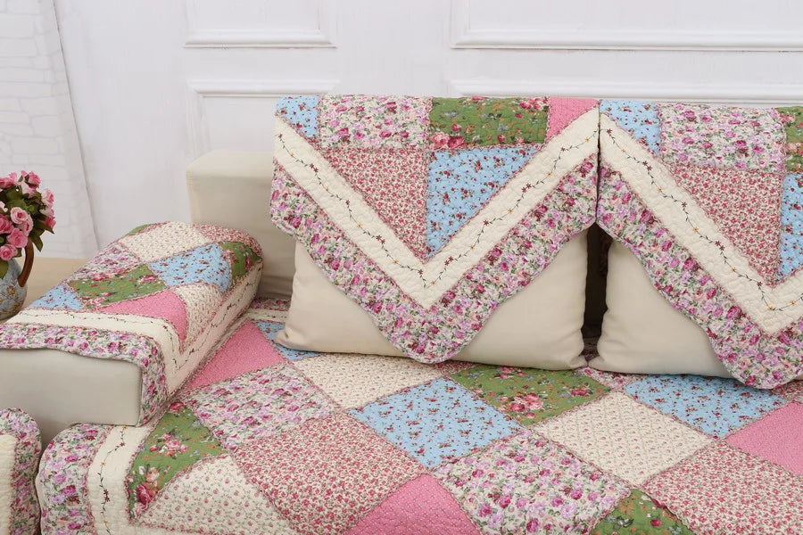 100% Cotton Quilted Sofa Cover – Anti-Slip Patchwork Floral Slipcover