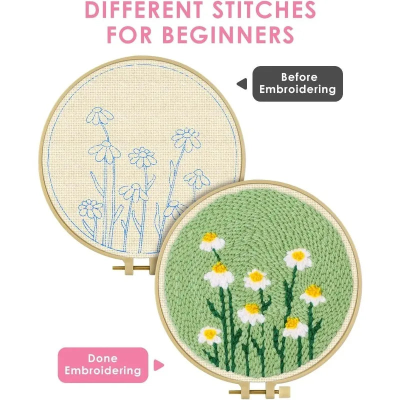 Kit DIY de aguja mágica para adultos principiantes con bastidor de bordado, patrón de flores, rosas, tulipanes, juego de manualidades de pintura con lana.