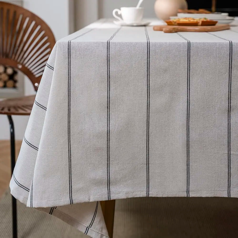 Boho Farmhouse Striped Cotton Linen Tablecloth – Washable Rectangle Table Cover for Kitchen, Dining & Picnic