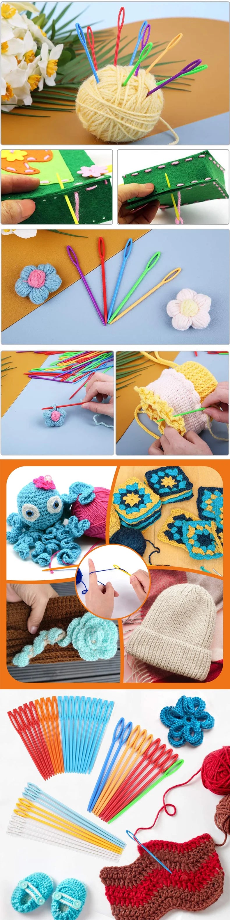 Agujas de coser de plástico de ojo grande, 30 unidades – Agujas coloridas de seguridad para enlazar y para lana para manualidades