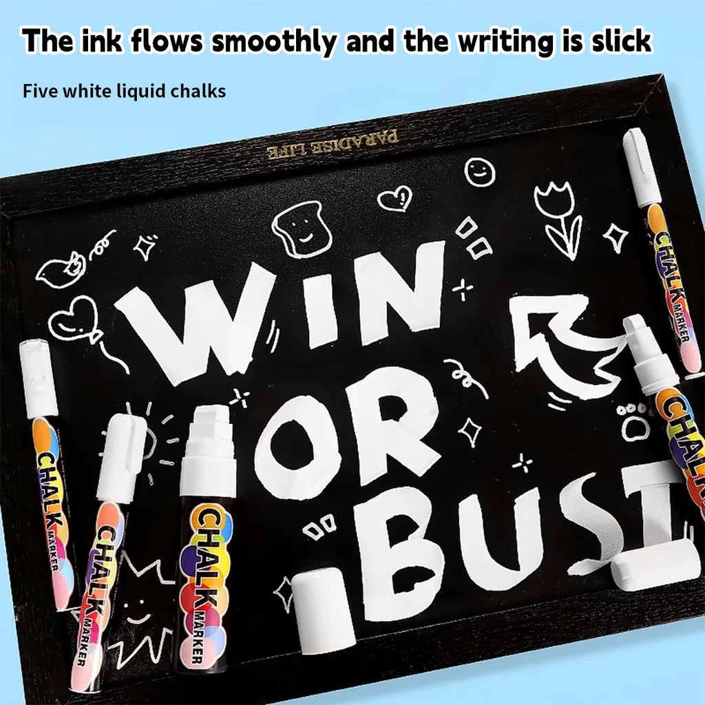 White Liquid Chalk Marker Pen – Erasable, Water-Based, 5 Tip Sizes