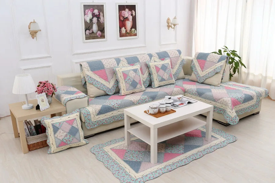 100% Cotton Quilted Sofa Cover – Anti-Slip Patchwork Floral Slipcover