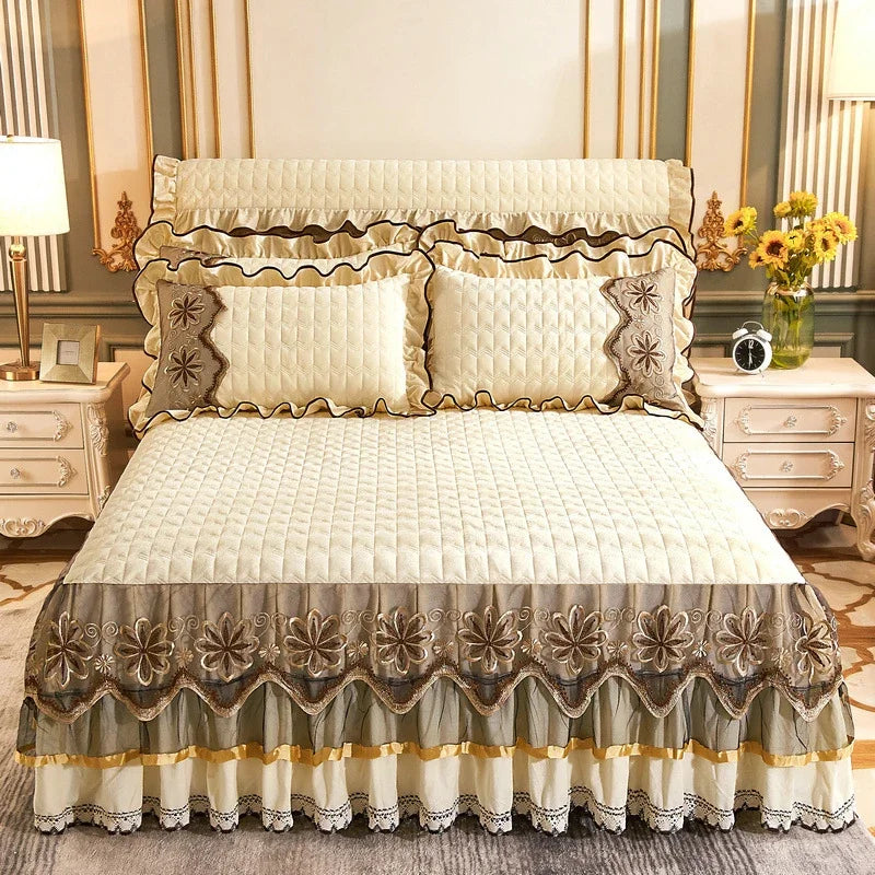 Luxury Crystal Velvet Quilted Bedspread – King & Queen Flannel Bed Skirt