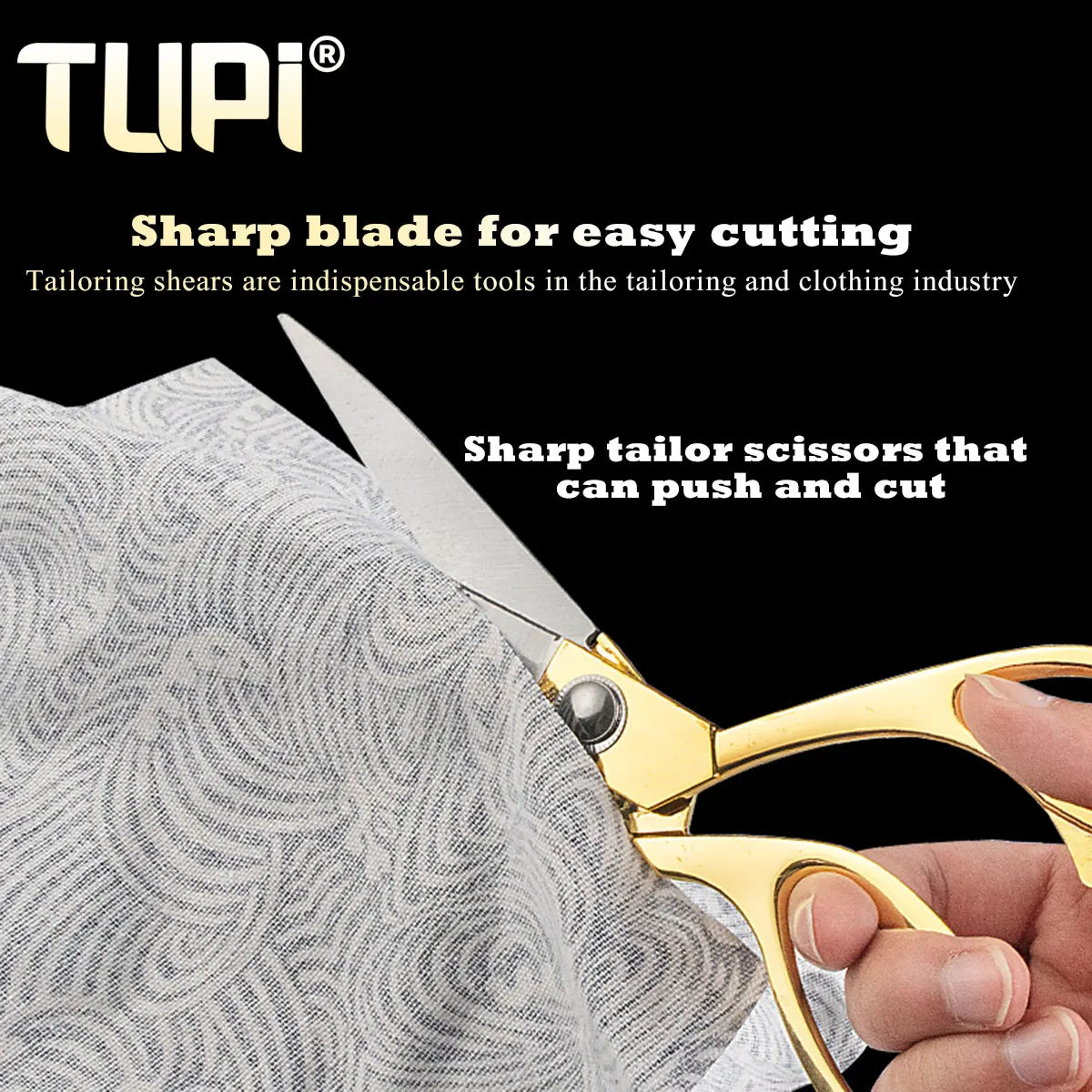 TUPI Professional Tailor Scissors – 24cm SK5 Steel, Ergonomic Bent Handle, Gold