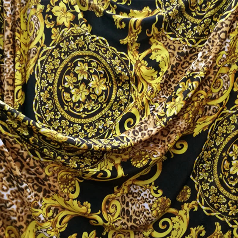 Yellow Leopard & African Flower Print Stretch Knit Fabric – 4-Way Elastic, 150 cm Wide