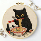 Kit de inicio de bordado Gatito comiendo fideos – Kit de bordado DIY para principiantes