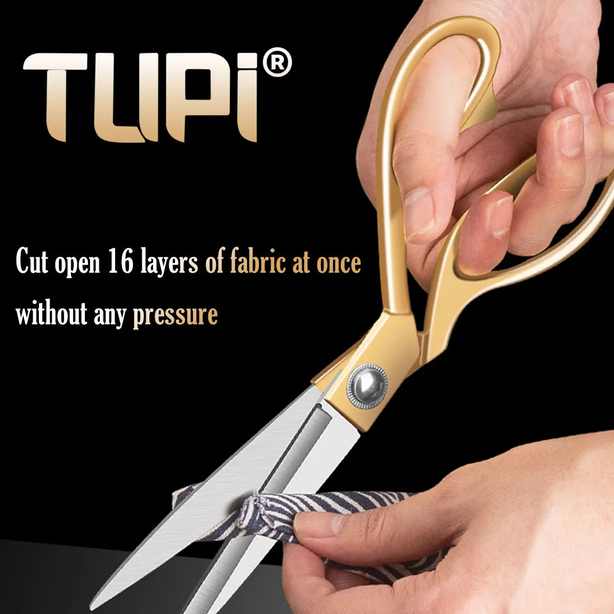 TUPI Professional Tailor Scissors – 24cm SK5 Steel, Ergonomic Bent Handle, Gold