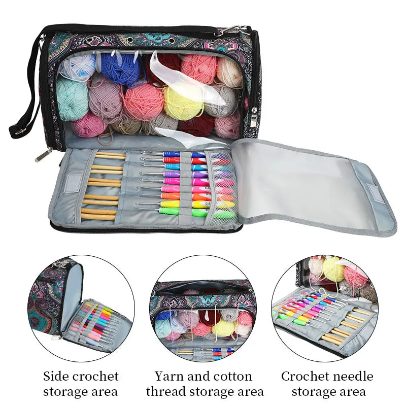 Bolsa de almacenamiento de hilo y ganchillo con estampado Paisley – Estuche organizador de punto (37×20×21cm)