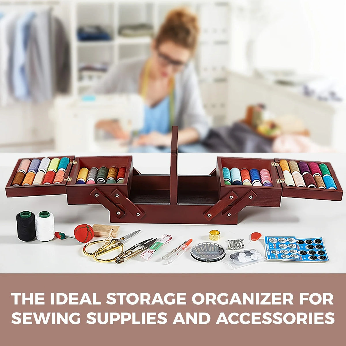 Wooden Expandable Sewing Box with Handle