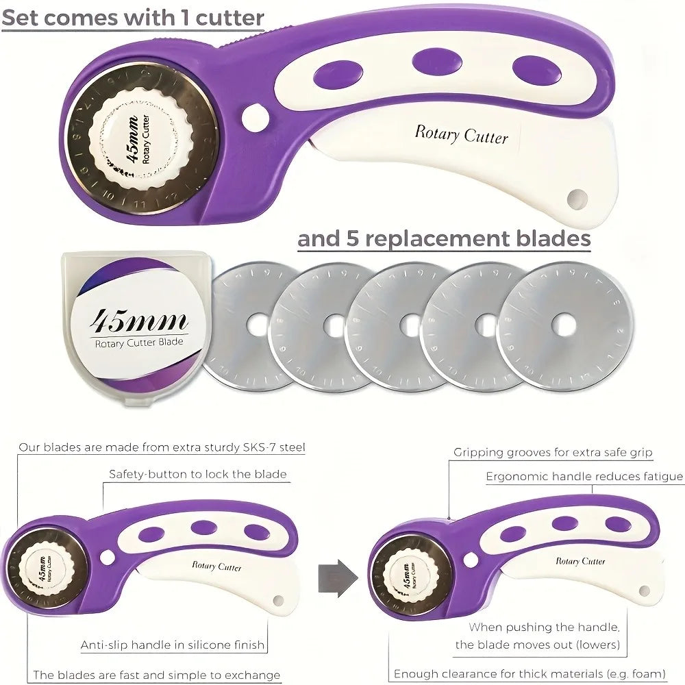 Rotary Cutter Set with A3 Cutting Mat — 45mm, 5 Spare Blades (Set B)