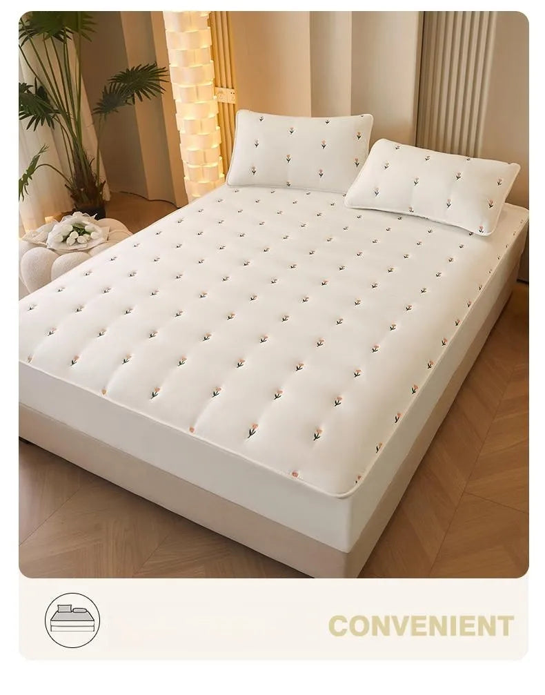 Super Thick Quilted Embroidered Mattress Pad Cover – Single, Queen & King Sizes