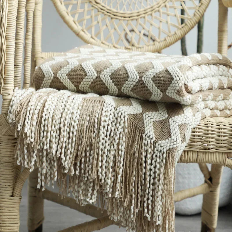 Nordic Knitted Throw Blanket with Tassels — Soft Acrylic Sofa & Bed Cover in 8 Colors