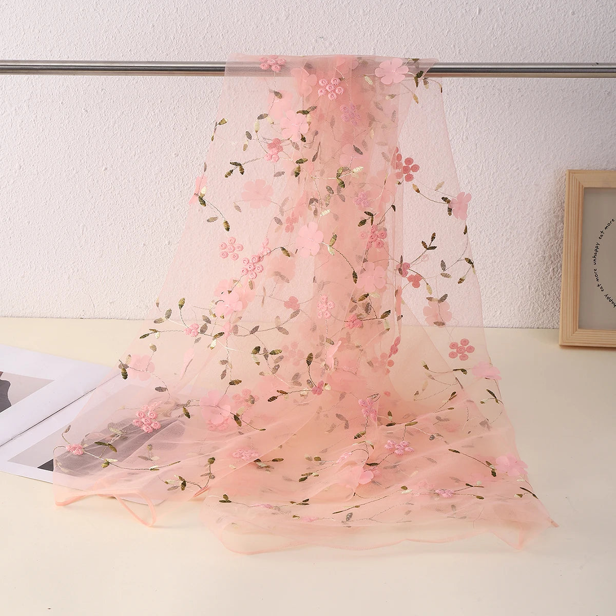 Strawberry Floral Print Tulle Mesh Lace Fabric – 100% Nylon, 100×150cm – For Dresses, Bridal & DIY Clothing