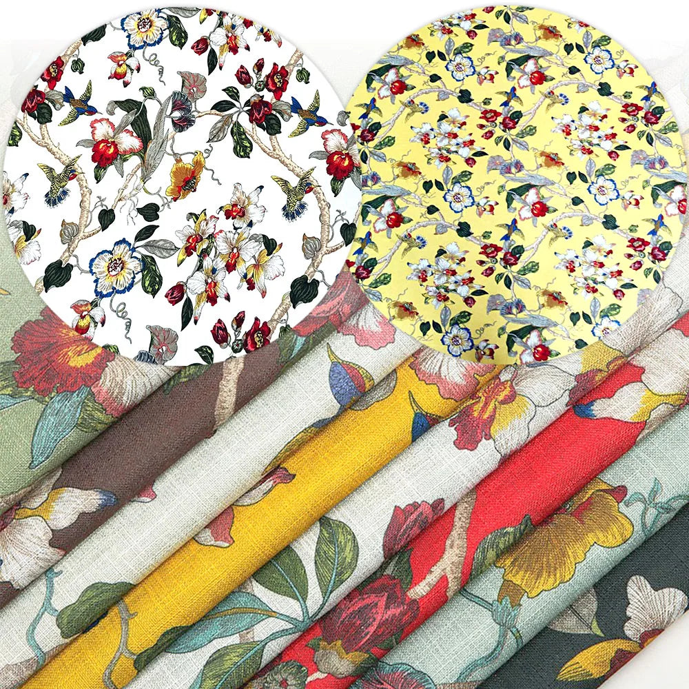 Floral & Bird Print Linen Cotton Fabric – Quilting, Patchwork & Home Décor (145cm Wide)