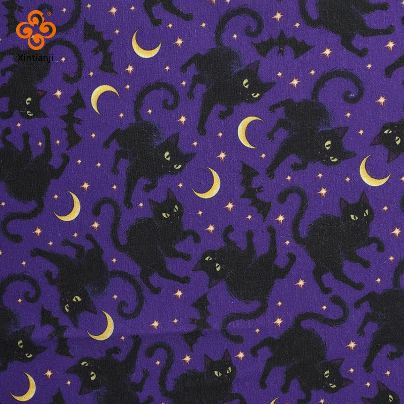 Halloween Bat & Black Cat Print Fabric — 100% Polyester | 0.5, 1 & 2 Meter Cuts