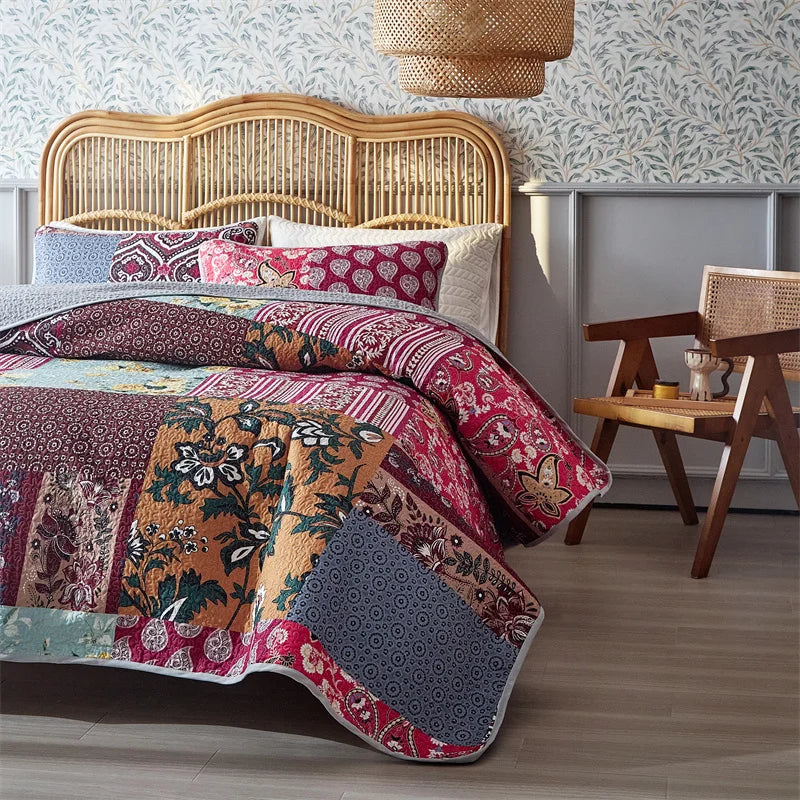 3-Piece Cotton Quilted Bedspread Set – Soft Pastoral Print | Bedsheet & 2 Pillowcases | 4 Sizes, 6 Colors