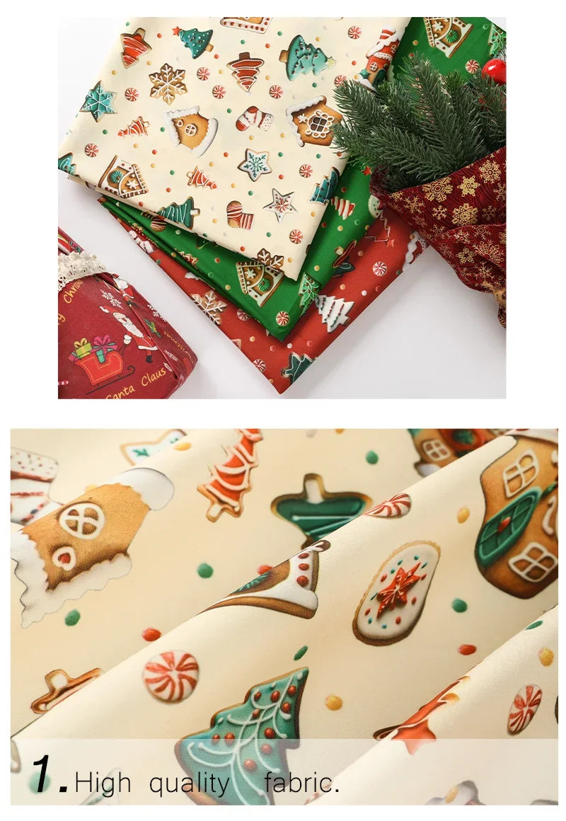 Tela estampada de pan de jengibre navideño y festivo – 100% poliéster, 150 cm de ancho