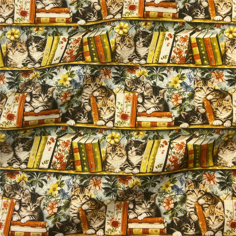 Bookshelf, Flowers & Cats Printed Cotton Fabric — 145cm Wide, 240gsm