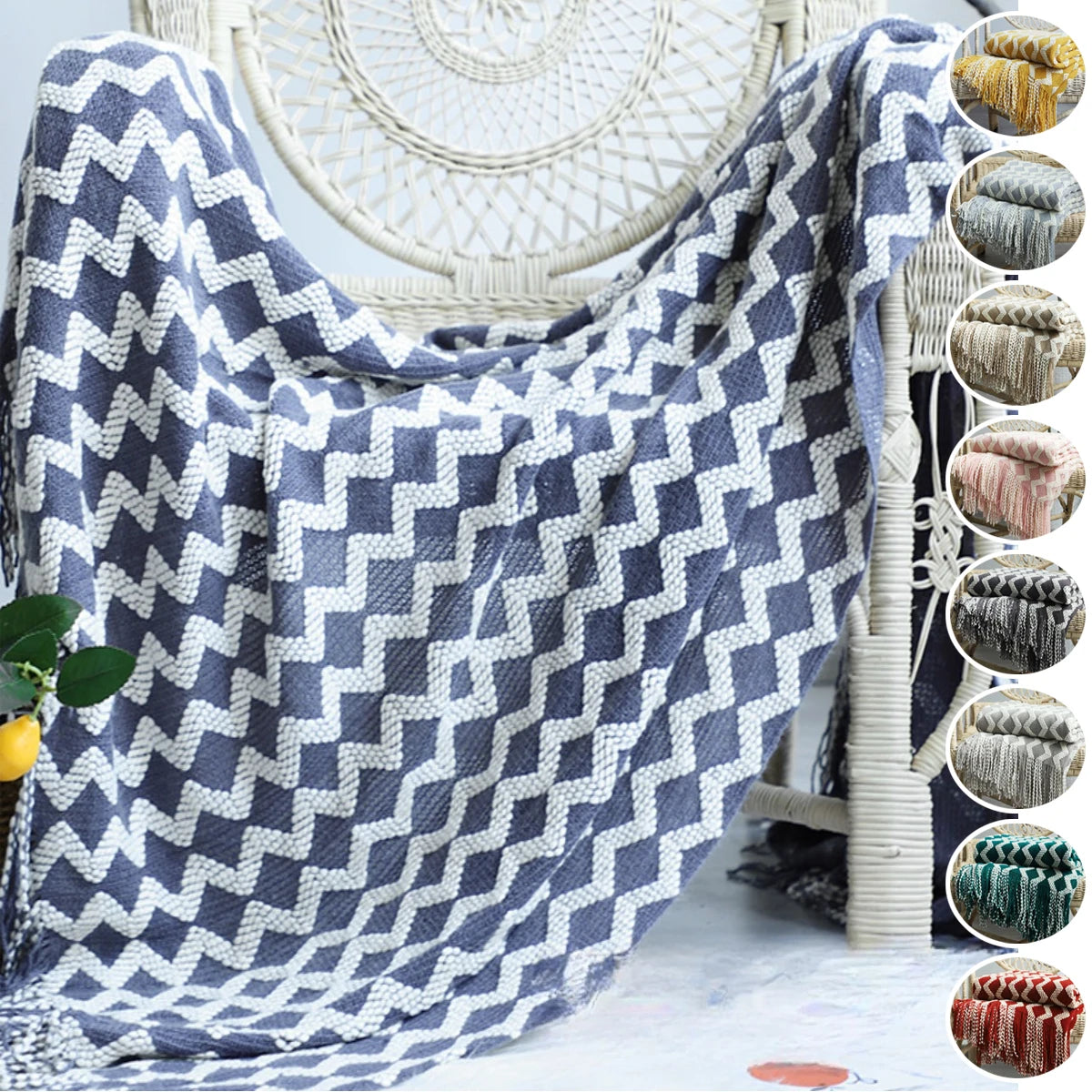 Nordic Knitted Throw Blanket with Tassels — Soft Acrylic Sofa & Bed Cover in 8 Colors