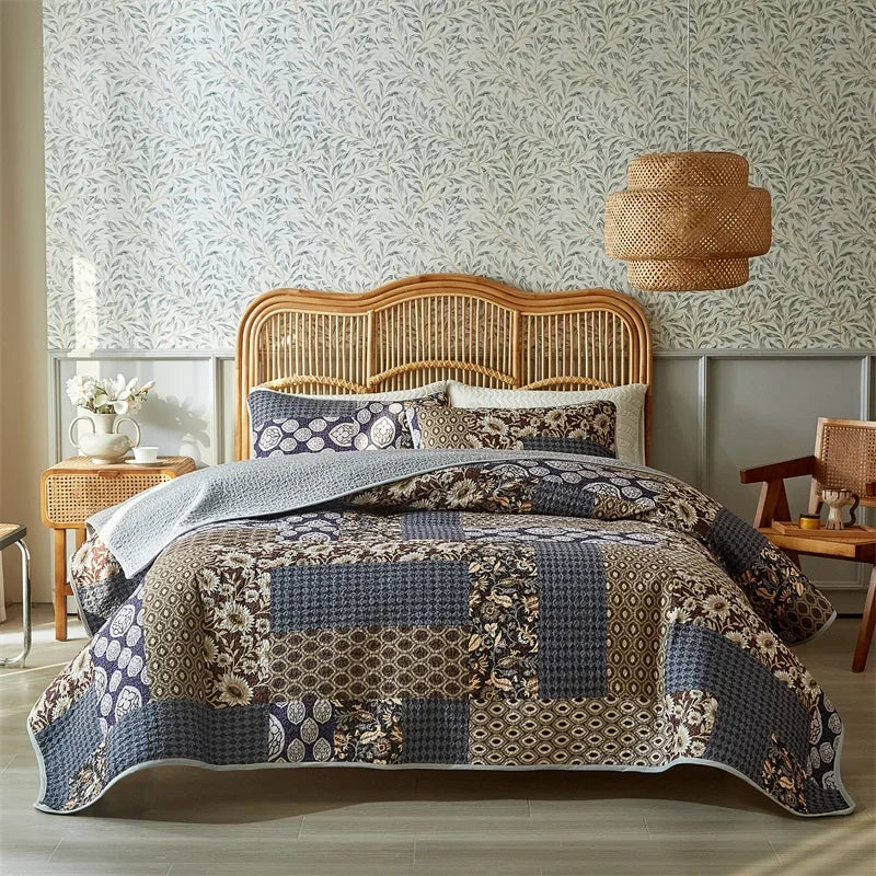 3-Piece Cotton Quilted Bedspread Set – Soft Pastoral Print | Bedsheet & 2 Pillowcases | 4 Sizes, 6 Colors